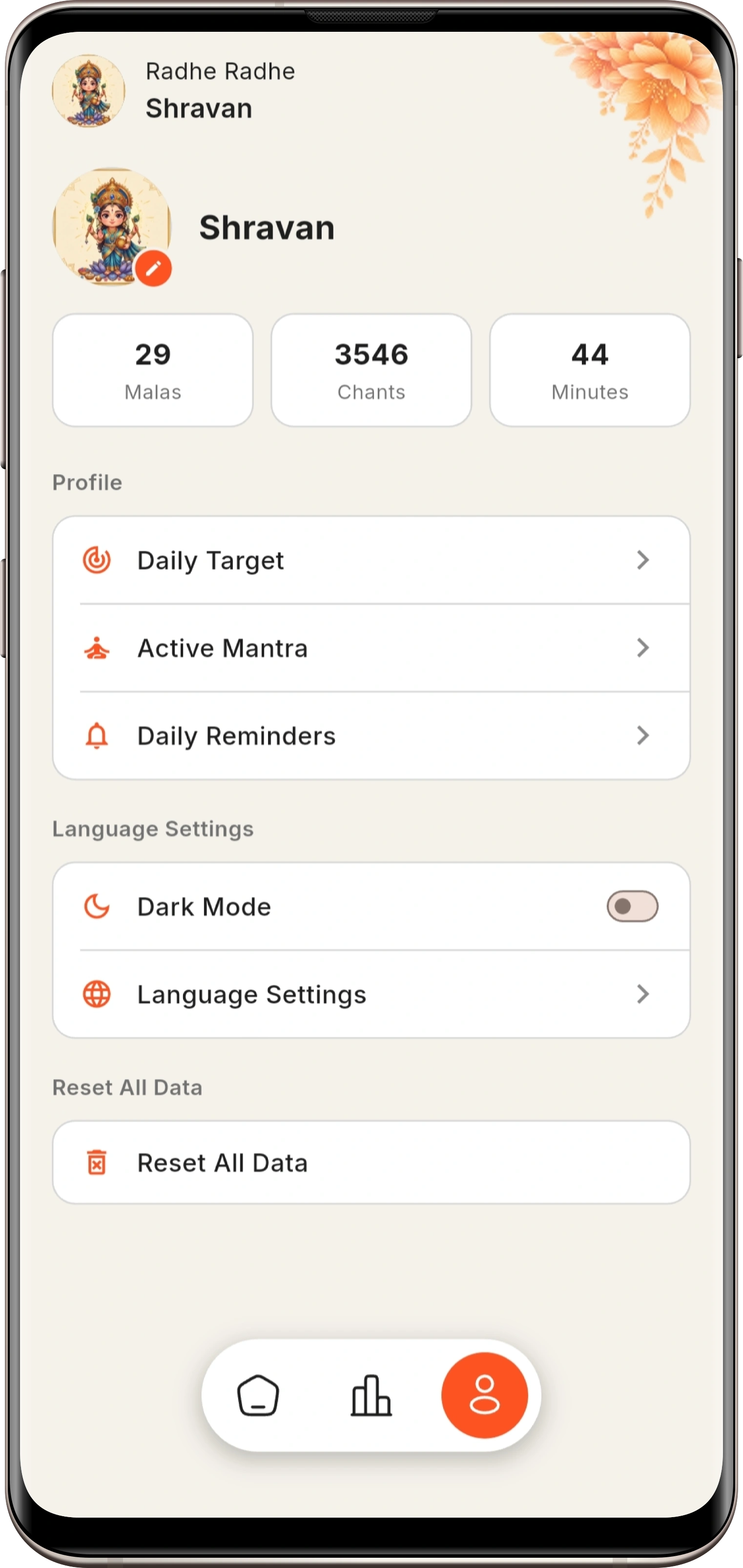 Divya Marg user profile settings page showing custom daily targets, dark mode theme option, and overall chanting progress